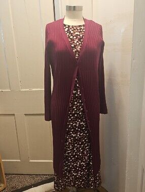 Calvin Klein Long Ribbed Button-Front Maxi Cardigan And Dress in Plum.